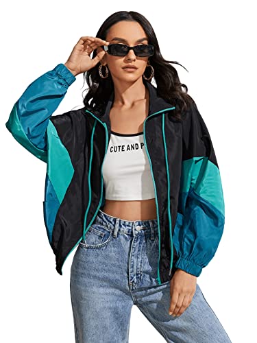 SweatyRocks Women's Lightweight Windbreaker Patchwork Zipper Sport Jacket Coat Outerwear Teal Black M