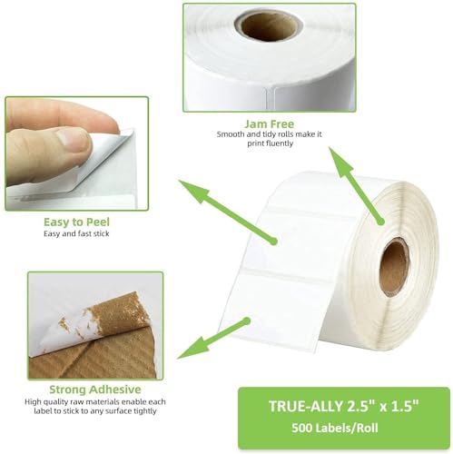 Image of True-Ally 60x40 Direct Thermal Barcode Label Sticker - 2.5 x 1.5 inches - 60mm x 40mm - 500 Labels Per Roll - White Self Adhesive Sticker for Printing Barcoding (2 Roll Per Pack (1000 Labels))