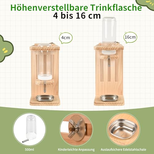 PESNLO W03 Heuraufe inkl. höhenverstellbarer Trinkflasche.2 in 1 Heuraufe Meerschweinchen mit Trinkflasche. Naturholz. Meerschweinchen Heuraufe, Kaninchen, Hasen, Hamster Trinkflasche.