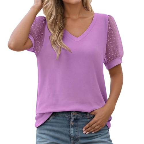 T-shirt col en V pour femme en mousseline rose décontracté XL