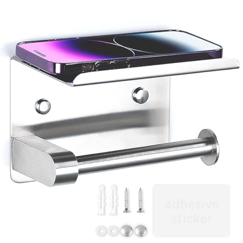 ILLUVA Wall Mounted Toilet Roll Holder with Shelf, Toilet Paper Roll Holder Self-Adhesive & Screw-in, Stainless Steel Toilet Paper Holder for Bathroom, Kitchen, Modern Brushed Silver Finish