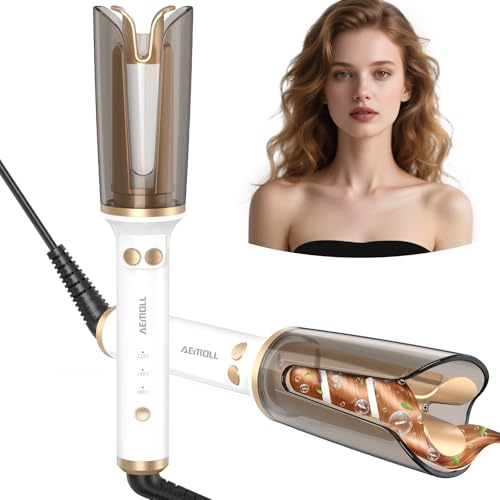 Rizador de Pelo Automático AEMOLL – Tenacilla Giratoria para Ondas Suaves con 3 Niveles de Temperatura, 500 Millones de Iones, Voltaje Dual y Diseño Ligero para Viaje (blanco)