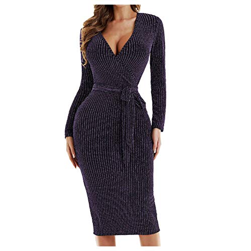 KEERADS Damen Vestido de punto elegante, vestido largo de invierno, cuello en V, aspecto de rayas, manga larga, minivestido, sexy, monocolor, para fiestas, tiempo libre, con cinturón morado S Cover