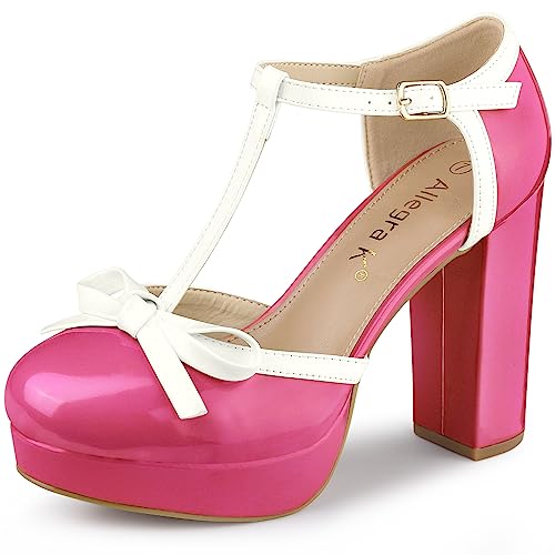 Allegra K Women's Platform Bow T Strap Chunky Heels Hot Pink Pumps 8 M US