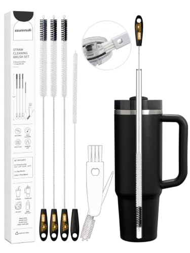 Image of 15 Inch Extra Long Black Straw Cleaner Brush Set,5PCS for 20-40oz Stanley | 4 Straw Brushes:6 /8 /10 /12mm plus 3-in-1 Cup Lid Brush,Heavy-Duty Cleaning Brush for Owala,Yeti,Tumblers and Reusable Straws