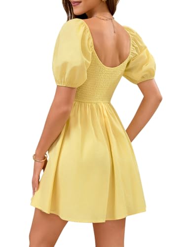 Image of Womens Babydoll Dress 2026 Summer Casual Puff Sleeve V Neck Cute Boho Smocked Flowy Short Sundress Beach Mini Dresses