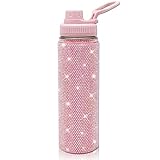22oz Stainless Steel Bling Crystal Water Bottle Rhinestone Vacuum Insulated Bottle with Spout Lid Reusable Double-Wall Glitter Sport Bottle Gift for Women Girl (Light Pink)