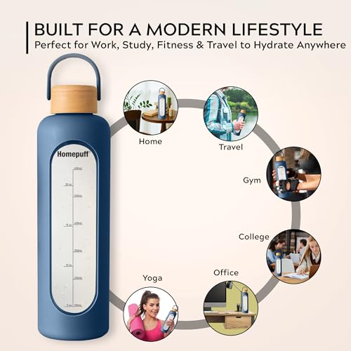 Image of Home Puff Borosilicate Glass Water Bottle With Silicone Cover Sleeve (1000ml) | Airtight, Leak-Proof Bamboo Lid, BPA-Free, Eco-Friendly, Reusable Bottle for Fridge, Gym, Travel, Office, Home (Blue)