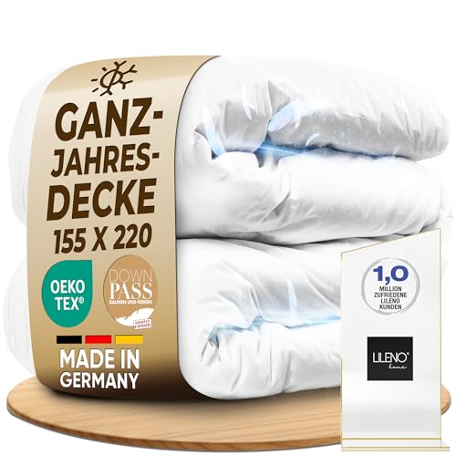 LILENO HOME Premium Daunendecke 155x220 Ganzjahresdecke (90% Daunen / 10% Federn) Flüsterleise Anschmiegsame & Wolkenweiche Bettdecke Daunen Made in Germany Oeko-Tex & 60 C Waschbar