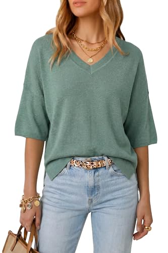 Image of Arach&Cloz Women's Wool Blend Elbow Sleeve Summer Oversized Casual Sweater | Versatile, Fall Layering Soft, Anti-pilling