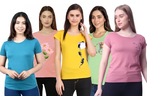 Image of MODISH Women's Super Combed Cotton Rich Relaxed Fit Solid T-Shirt. Curved Hem Styled Half Sleeve Printed Tops