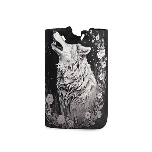 Jihqo Laundry Hamper Basket Black Wolf Collapsible Nursery Storage Bin Waterproof Clothing Baskets for Home Bedroom Bathroom Washing Room