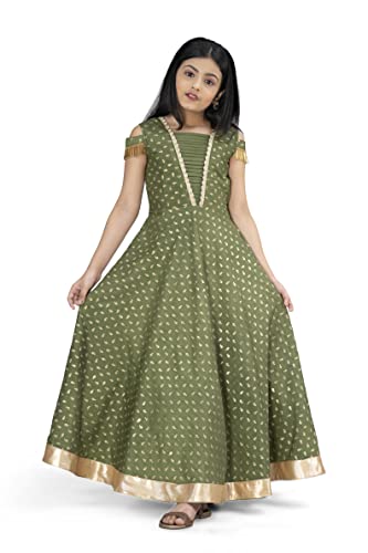 Image of Fashion Dream Girls Crepe Silk Maxi Length Foil Printed Dress|Maxi Dress|Long Dress|Printed Dress|Foil Printed Dress(Olive 5-6 Year)