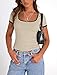 PRETTYGARDEN Womens 2026 Summer Short Sleeve Ribbed Knit T Shirts Square Neck Color Block Slim Fit Basic Tees Going Out Tops (Beige,X-Large)