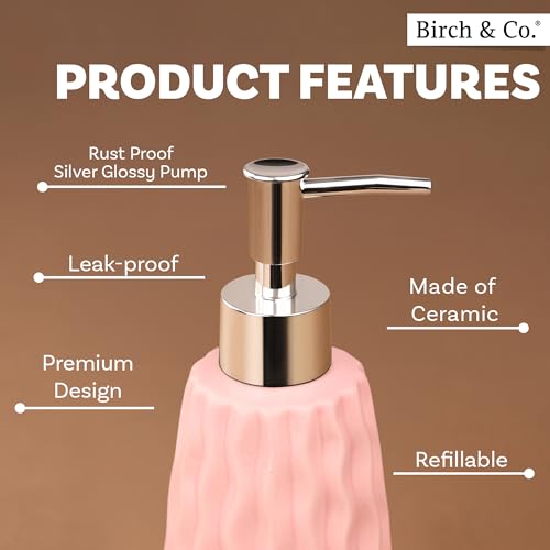 Image of Birch & Co. Ceramic Soap Dispenser For Wash Basin - Handwash Dispenser Bottle - Leak-Proof Design With Silver Glossy BPA-Free Pump, Velo, Pink,Soapdispenser Velo Pink