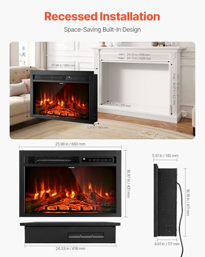 Image of VEVOR Electric Fireplace Insert, 26 inch Recessed and Wall Mounted with Adjustable Flame Color Brightness & 8h Timer & Remote Control, Indoor Heater w / 750W /1500W Dual Heating Modes, 5000BTU Black