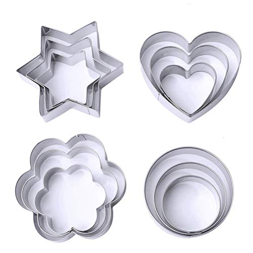 Yuanzi Lot de 12 Emporte Piece Patisserie, Emporte-Pièces Moule à Biscuits Cookie Pâtisserie en Acier Inoxydable - Forme de Cœur Étoile Cercle Fleur