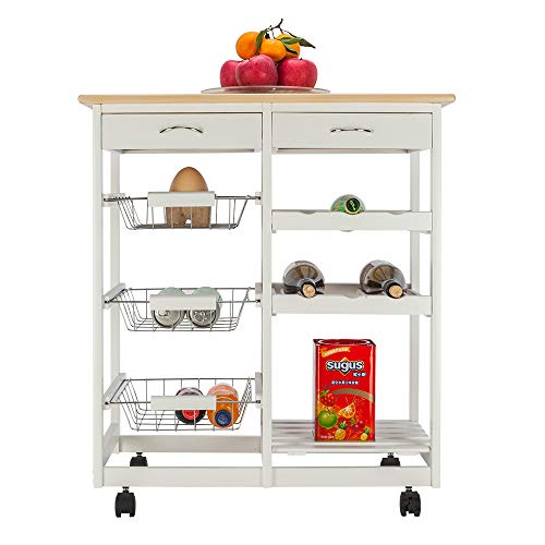Senrob Kitchen Bar Wine Cart with 4 Pcs Wheels Rack Drawer Basket Shelf for Home