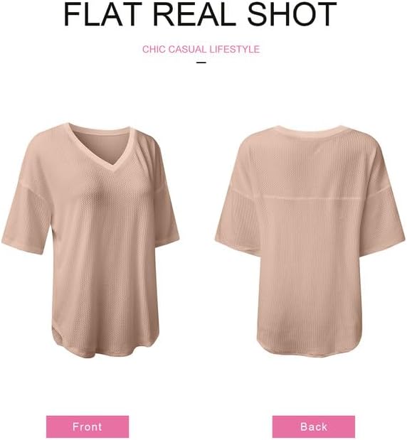 SHEWIN Women's Casual V Neck Waffle Knit Tunic Tops Batwing Short Sleeve Shirts Loose Blouses - Image 5