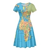 Aoopistc Map Dress Women Short Sleeve Dresses World Maps Pattern T-Shirts Sundress Geography Teacher Dress Holiday Vacation Flared Swing Sun Dress Elastic A Line Apparel, Slim Fit, Size S-4XL