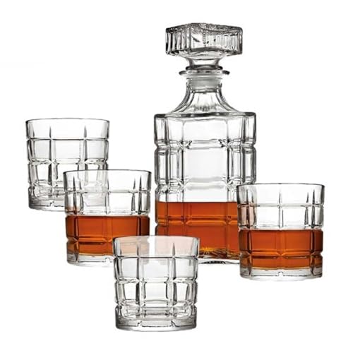 Image of UNIQUE HOME LIVING Whiskey Decanter Set, 900ml Crystal Grid Glass Decanter with Stopper and 4pcs 300ml Tumblers for Whiskey, Bourbon, Scotch, Wine, 5-Piece Vintage Glass Barware Gift Set