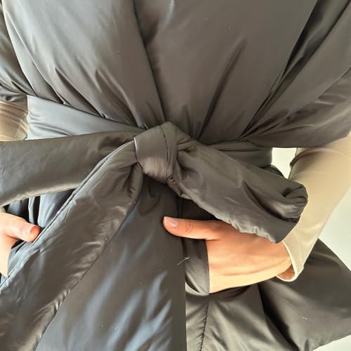 Black Long Cape Lagre Wide Scarf Puffer 18x70 inch with 2 pocket and Belt. Cape around shoulders wrap. Winter quilted shawl. Warm padded scarf. Down puffy scarves.2