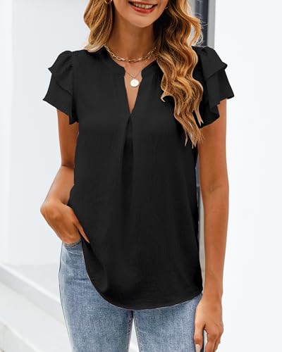 SimpleFun Womens Business Casual Tops Ruffle Short Sleeve V Neck Flowy Dressy Summer Blouses Shirts3