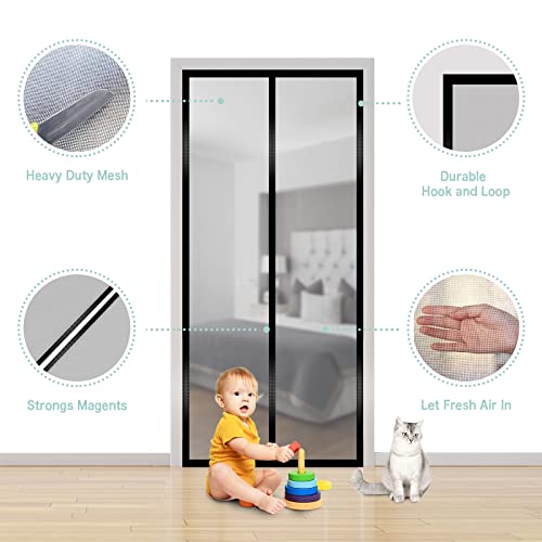 Rncop Fiberglass Magnetic Screen Door Fits Door Size 38" X 82", Heavy Duty Mesh Screen Curtain - Self Sealing, Hands Free, Keeps Bugs Out, Frame Hook & Loop, Kid & Pet Friendly-Black #TOP1