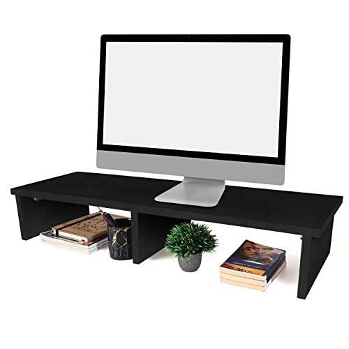 Image of About Space Monitor Stand Riser - Wooden Ergonomic Desktop, Laptop Riser Stand with Storage for 2 Monitors - Table Top Organiser for Home & Office(L 90 x B 30 x H 16 Cm) - Lemon Oak