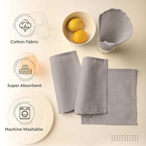 Image of Encasa XO Dining Cocktail Napkins 12 pcs (1 Dozen) Set of Large 23x23 cm (9 inchx9 inch) - Beige - Absorbent Heavy Cotton Party Fabric Machine Washable for Home Restaurant Banquet & Hotel