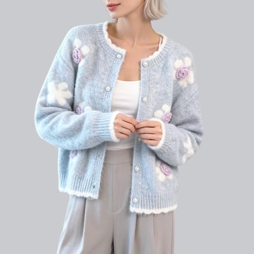 Image of FindThy Women's Kawaii 3D Floral Cardigan Long Sleeve Crewneck Knit Cardigan Sweaters