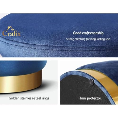 Image of Velvet Puffy Ottoman Stool, Round Footrest with Diamond Quilting and Gold Base, Grey, for Living Room, Bedroom and Dressing Area Grey (Blue)