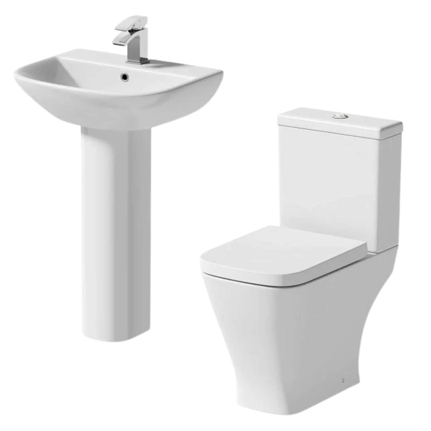 Affine® Marseille Cloakroom Bathroom Suite Close Coupled Toilet WC Dual Flush Cistern Basin Full Pedestal Soft Close Freestanding Modern White Gloss