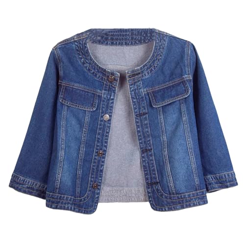 Women Denim Jackets Spring Three-Quarter Sleeve O-Neck Single-Breasted Washed Jean Short Jacket