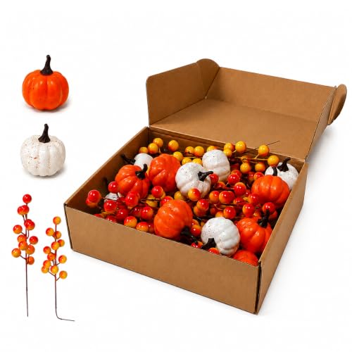 36 Pcs Fall Berry Stems and Mini Pumpkins, Autumn Picks for Decor | 24 Bendable Berry Picks with 6 Orange and 6 White Mini Pumpkins for Wreaths, Garlands, Baskets, Table Decor and DIY Crafts