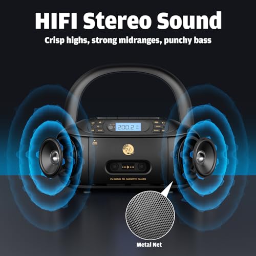 Image of Boombox CD and Cassette Player Combo with FM Radio, Portable CD Cassette Player for Home, Built-in Stereo Speakers, Super Bass, Audio Assisted AUX Input, USB Playback