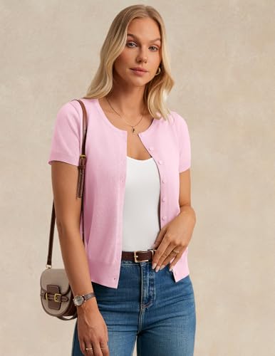 Image of GRACE KARIN Women Short Sleeve Cardigan, 2026 Summer Knitted Sweater Tops, Basic Crew Neck Crop Outfits