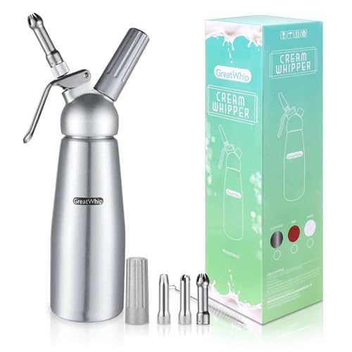 GreatWhip Whipped Cream Dispenser Highly Durable Aluminum Whipped Cream Maker 500ml /1 Pint Cream Whipper with 3 Stainless Steel Nozzles & Cleaning Brush (Dispenser)