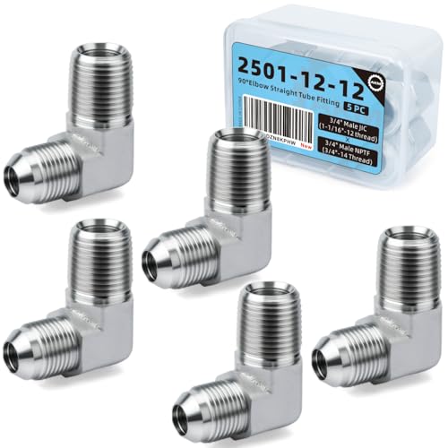 Image of 90 Elbow Straight Hydraulic Hose Adapter Fittings, 2501-12-12 1-1 /16 inch-12 90 Male 37 JIC Flare x 3 /4 inch-14 Male NPTF PIPE Connectors x 5 pack