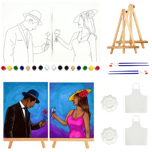 OKKOSTAR Paint and Sip Kit for Adults - Date Night Painting Kit for Couples - 8x10 Inch Pre Drawn Canvas to Paint for Two with Easel & Apron - Sip n Paint at Home - Romantic (2 Pack)