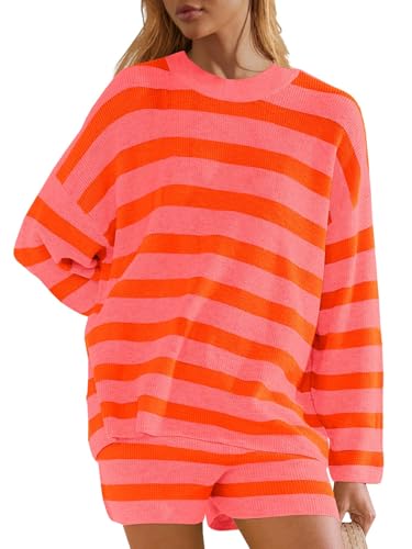 Image of Panadila Womens Striped Sweater Set Oversized Lounge Sets Matching Pajamas Long Sleeve Sweater Top and Shorts
