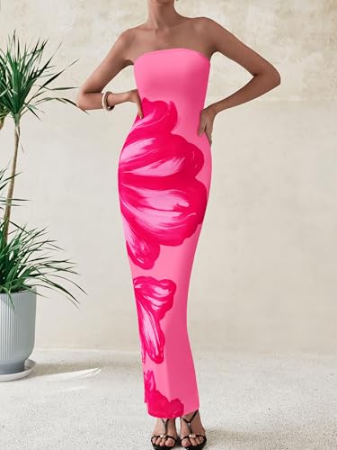 Image of PRETTYGARDEN Women Summer Strapless Maxi Dress Bodycon Floral Sexy Long Wedding Guest Dress Formal Tube Mesh Cocktail Dresses