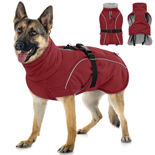 Queenmore XL Dog Coat, Winter Dog Jacket for Large Dogs, Waterproof Puffy Dog Snowsuit, Adjustable Reflective Fleece Lining Warm Padding Parka for Cold Weather, Red XL