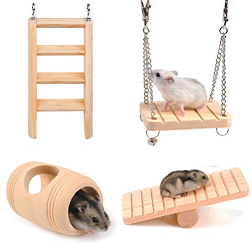 Feltsky - Jouets et accessoires pour hamster 4 en 1 - Echelle, balançoire, tonneau, scie-mer - Pin naturel - Jouets à mâcher - Rat, cochon d'Inde, Chinchilla