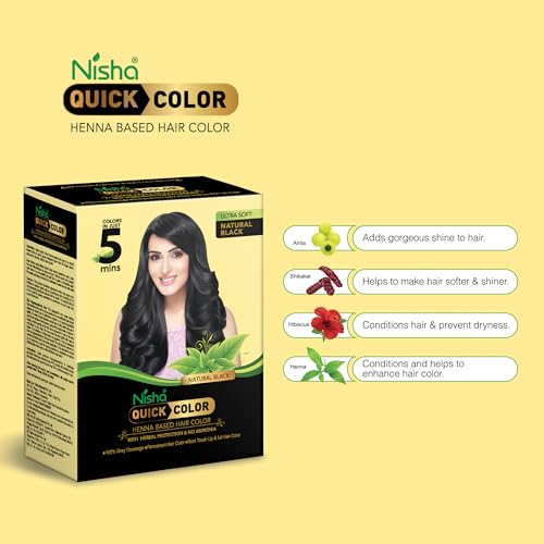 Image of Nisha 10 Minute Quick Henna Powder Hair Colour - Organic Henna-Based Instant Hair Colour for Women & Men, 100% Gray Coverage, Ammonia-Free, Natural Black Hair Dye (60g Each, Pack of 3)