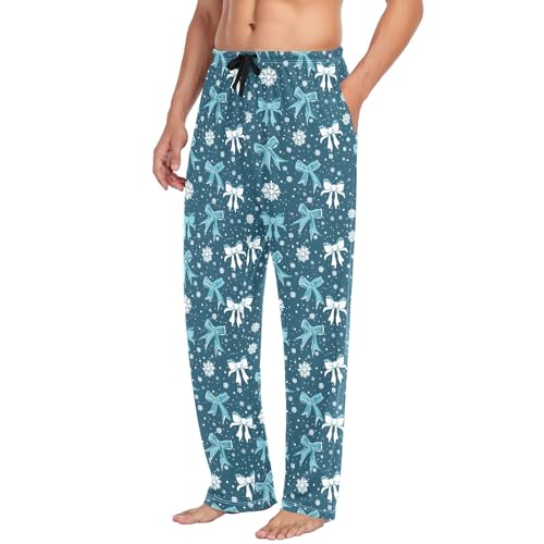 Mens Cotton Pajama Pants Sleep Lounge Pj Bottoms Sleepwear with Pockets Drawstring S White Blue Bow Snowflakes4