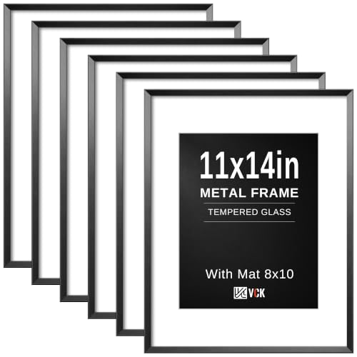 Image of VCK Black 11x14 Aluminum Picture Frames Set of 6 with Shatter-Resistant Real Glass, 11x14 Matted to 8x10 Photo Frame for Wall