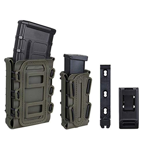 IDOGEAR Mag Pouch Combo 5.56/7.62mm Rifle Mag Pouch and 9mm Pistol Mag Pouch Set Tactical Fastmag Softshell Magazine Pouch (Ranger Green)