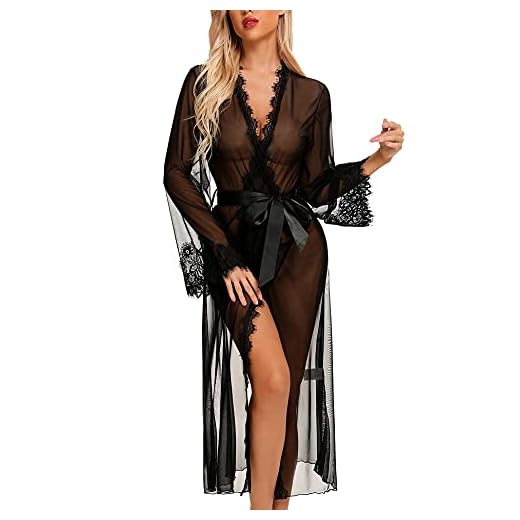 RSLOVE Lingerie for Women Sexy Long Lace Kimono Robe Mesh Chemise Sheer Gown Cover Up Black XXL