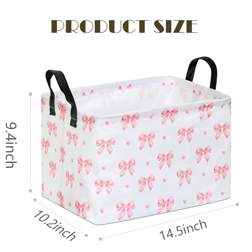 Image of Pink Bow Canvas Storage Basket Waterproof Laundry Hamper with Leather Handles Collapsible Decorative Bin for Girls Bedroom Toys Clothes Gift Giving